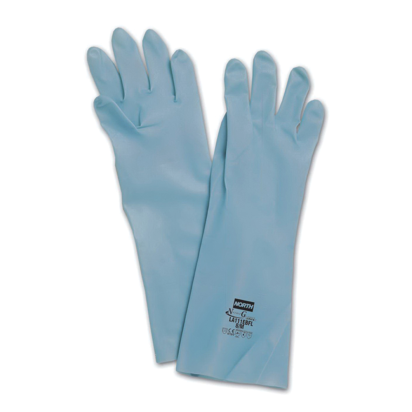 North® by Honeywell LA111EBFL-10 NitriGuard Plus™ LA111EBFL Chemical-Resistant Gloves, SZ 10, Ambidextrous Hand, Nitrile, Blue, Flock Lining, 13 in L, Resists: Abrasion, Animal Fat, Cut, Caustics, Puncture, Snag and Solvents, Unsupported Support