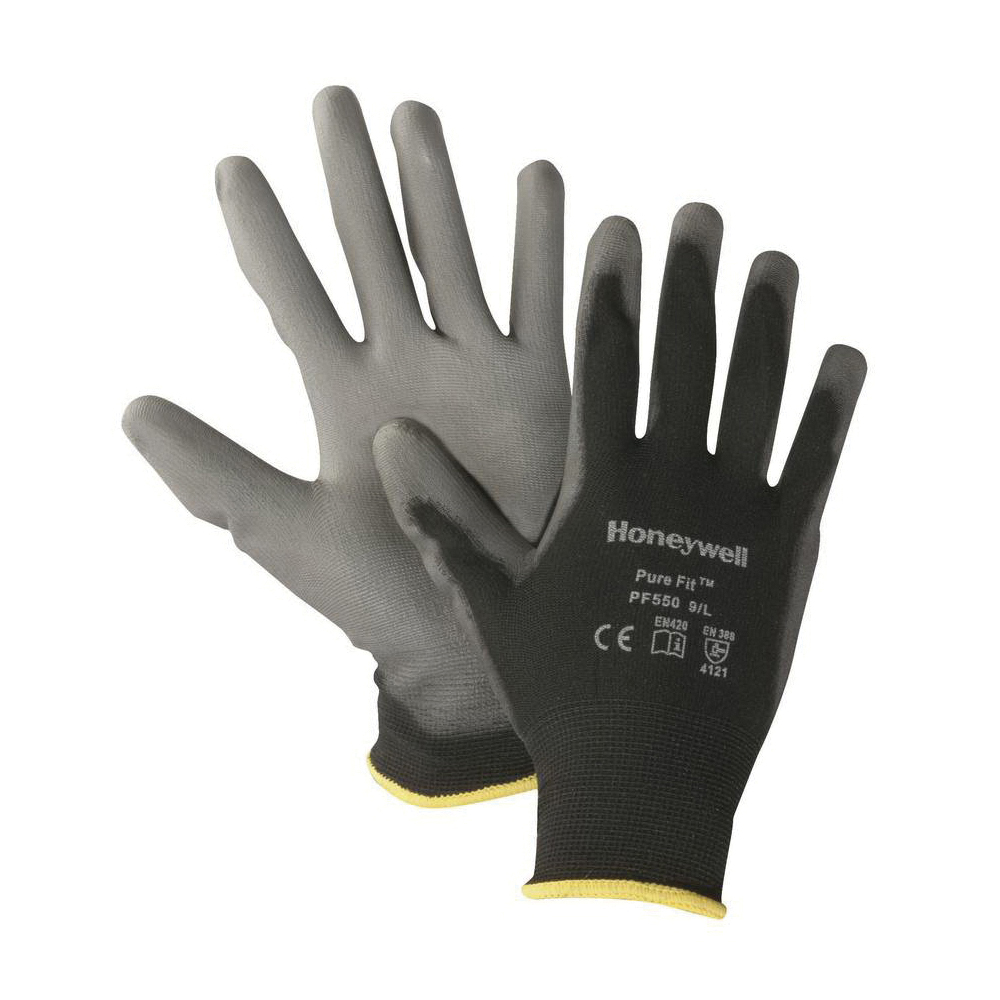 Sperian® by Honeywell PF550-L Pure Fit™ PF550 Lightweight General Purpose Gloves, Coated, Full-Finger Style, L, Polyurethane Palm, 13 ga Nylon Fiber, Black/Gray, Knit Wrist Cuff, Polyurethane Coating, Resists: Abrasion, Cut, Puncture and Tear, Nylon Lining
