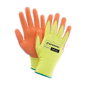 Sperian® by Honeywell PF541HVZ-L Tuff-Glo™ PF541HVZ General Purpose Gloves, Coated, Gunn Cut/Straight Thumb Style, L, Polyurethane Palm, 13 ga HPPE Fiber, Hi-Viz Yellow/Orange, Knit Wrist Cuff, Polyurethane Coating, HPPE Lining