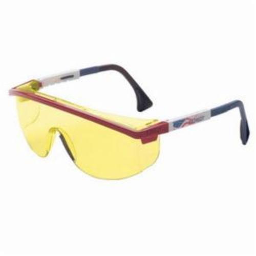 Uvex® by Honeywell S1159 Astrospec® 3000 Lightweight Safety Eyewear, Ultra-Dura® Hard Coat, Amber Lens, Wrap Around Frame, Blue/Patriot® Red/White, Nylon Frame, Polycarbonate Lens, ANSI Z87.1-1989, ANSI Z87.1-2003, CSA Z94.3, CA 18828, Military V0