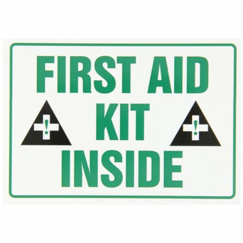 Accuform® LFSD509VSP Flexible Safety Label With Graphic, 3-1/2 in L x 5 in W, FIRST AID KIT INSIDE Legend, Black/Green/White, Adhesive Vinyl, 5 per Pack Labels