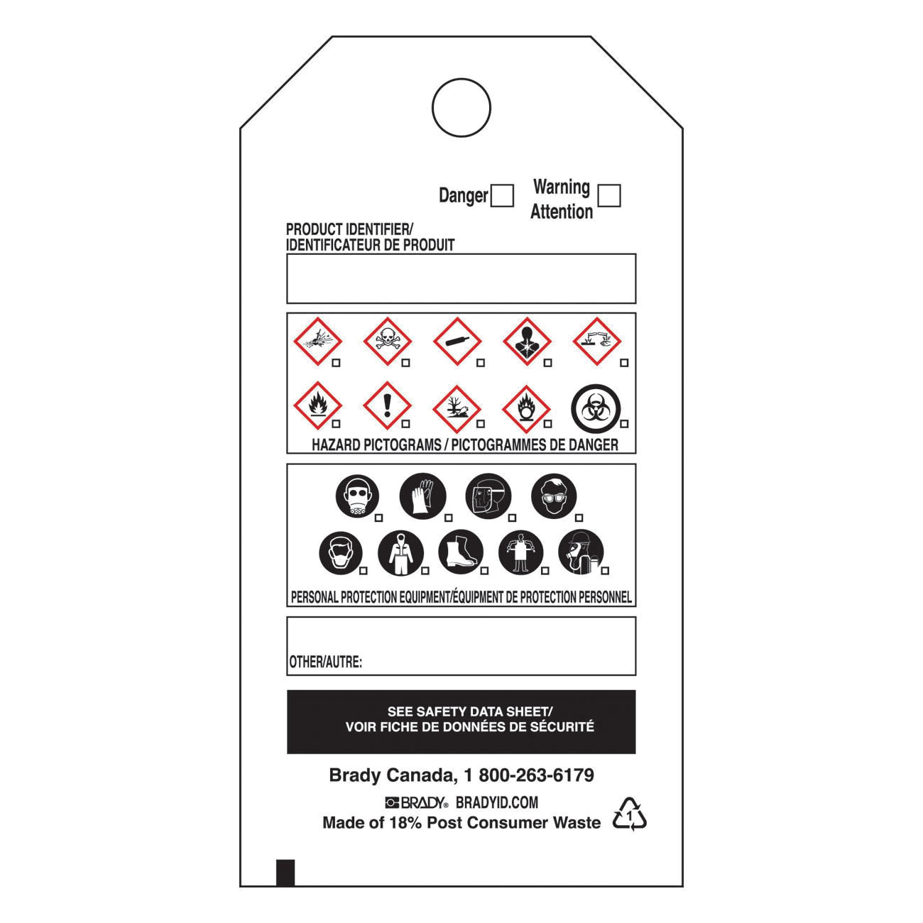 Brady® 09672 Self-Laminating Write-On OTS WHMIS Label, 5 in W, PRODUCT IDENTIFIER/IDENTIFICATEUR DE PRODUIT Legend, Black/Red on White, B-851 Self-Sticking Polyester, 1 per Pack Labels