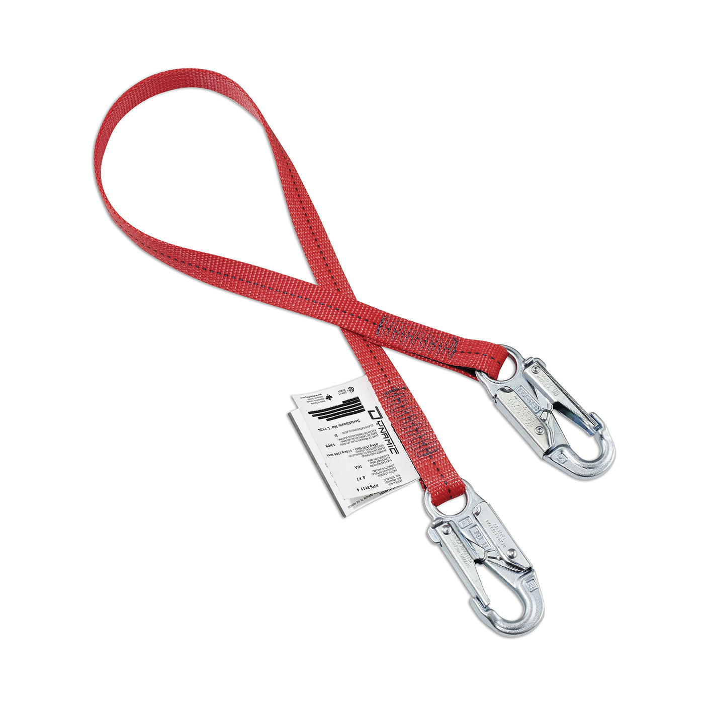 Dynamic™ FP631143 Fixed Lanyard, 3 ft L, Polyester Webbing Line, 1 Legs, Double Locking Snap Hook Anchorage Connection, Scaffolding Hook Harness Connection Hook