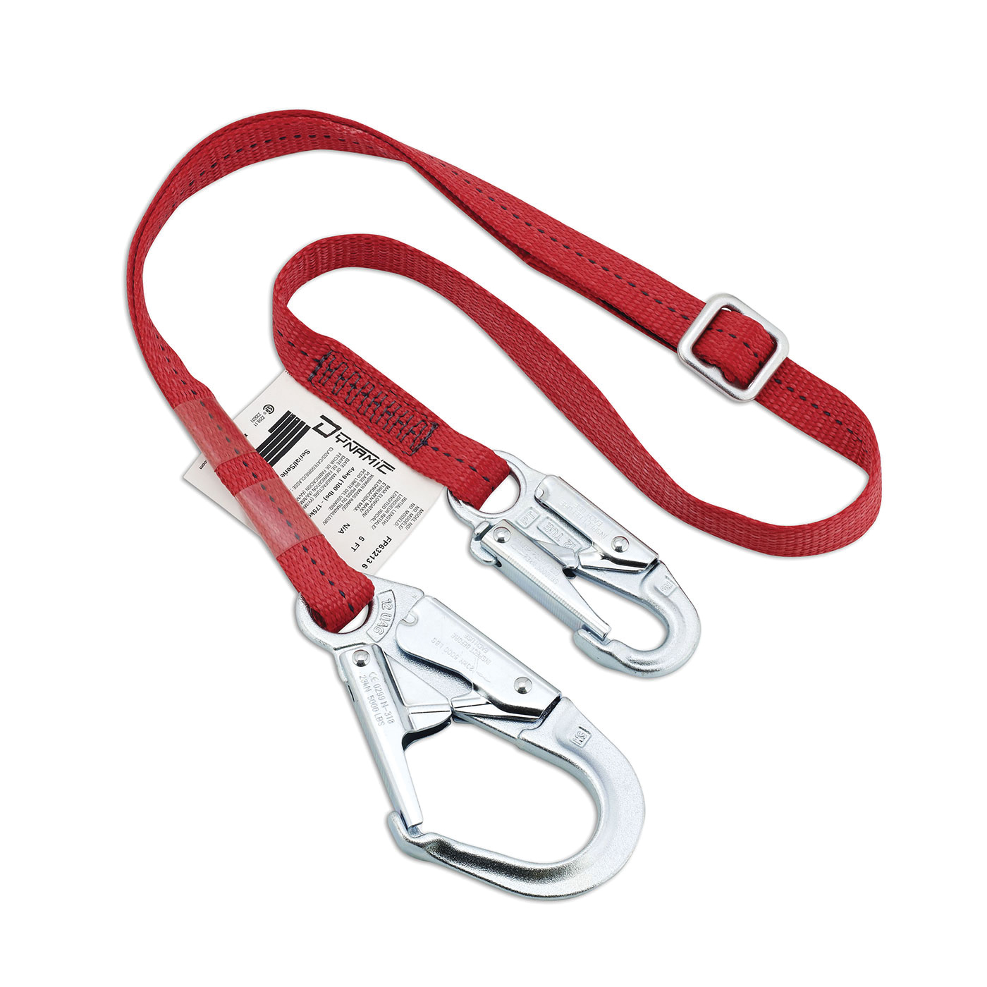 Dynamic™ FP632136 Adjustable Lanyard, 6 ft L, Polyester Webbing Line, 1 Legs, Rebar Hook Anchorage Connection, Double Locking Snap Hook Harness Connection Hook