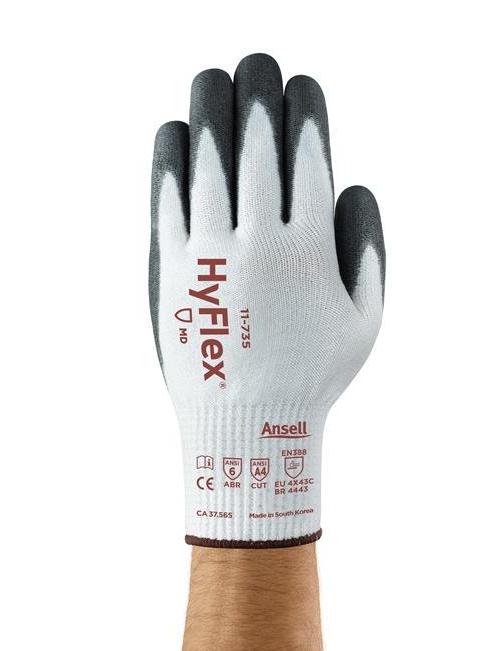 HyFlex® 11735060 11-735 Medium Duty Cut Resistant Gloves, 6, Polyurethane Coating, Intercept Technology®, Knit Wrist Cuff, Resists: Abrasion, Cut and Puncture, ANSI Cut-Resistance Level: A4, ANSI Puncture-Resistance Level: 3, Ambidextrous Hand