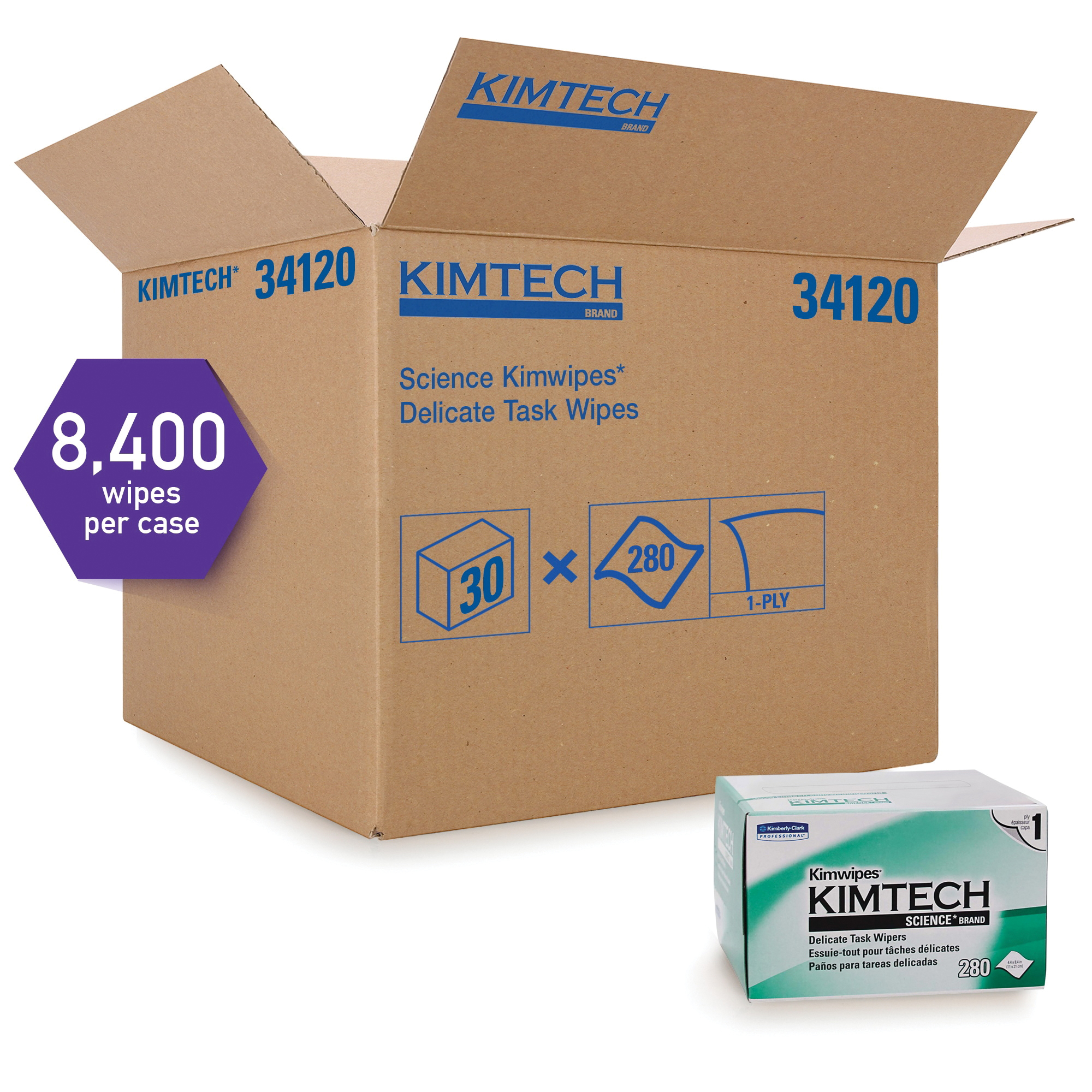 Kimtech* Kimwipes* 34120 Delicate Task Wiper, 4.4 in W, 280 Wipes Capacity, Tissue, White