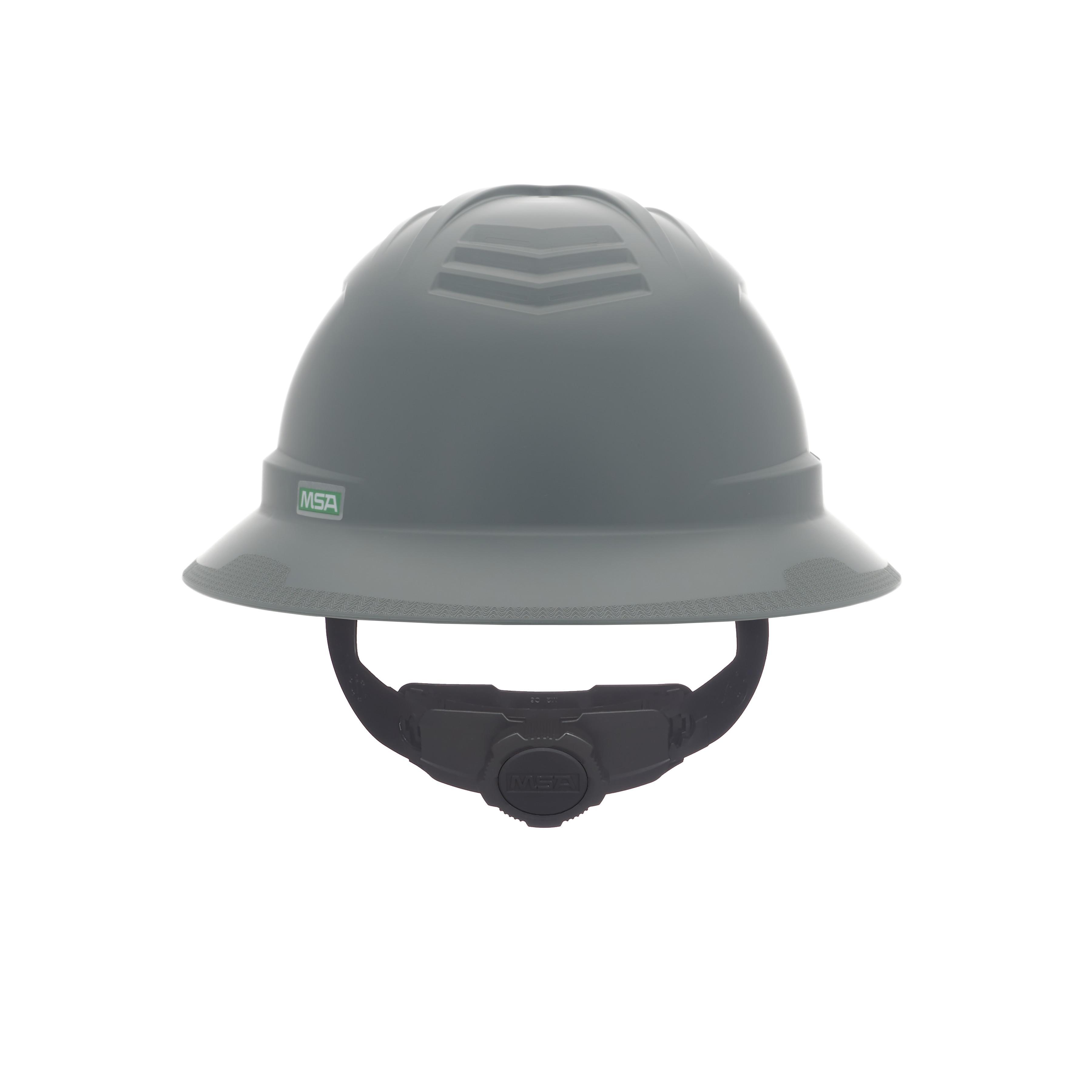 MSA 10215845 V-Gard Head Protection Hat, 6-1/2 Fits Mini Hat, 8 Fits Max Hat, HDPE, 4-Point Fas-Trac® III Suspension, ANSI Electrical Class Rating: Class E, ANSI Impact Rating: ANSI Z89.1-2014 Type 1, Ratchet Adjustment