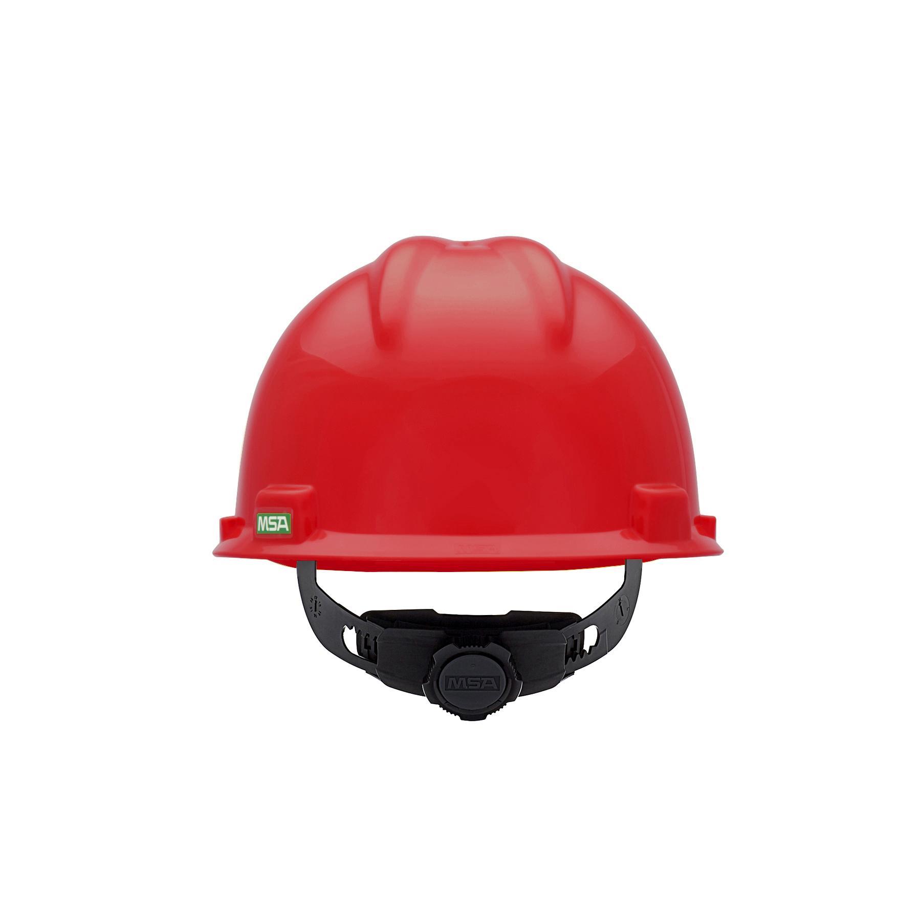 MSA V-Gard® 475363 Front Brim Hard Hat, 6-1/2 Fits Mini Hat, 8 Fits Max Hat, Polyethylene, 4-Point Fas-Trac® III Suspension, ANSI Electrical Class Rating: Class E, ANSI Impact Rating: Type I, Ratchet Adjustment