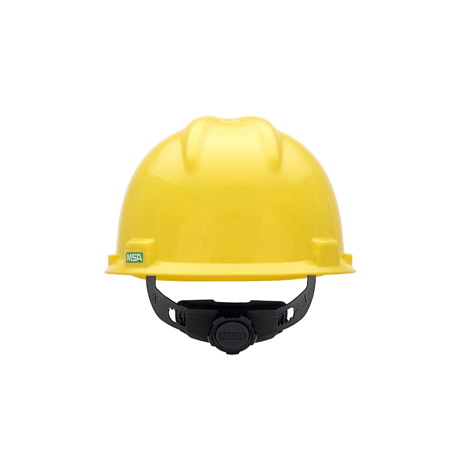 MSA V-Gard® 475360 Front Brim Hard Hat, 6-1/2 Fits Mini Hat, 8 Fits Max Hat, Polyethylene, 4-Point Fas-Trac® III Suspension, ANSI Electrical Class Rating: Class E, ANSI Impact Rating: Type I, Ratchet Adjustment