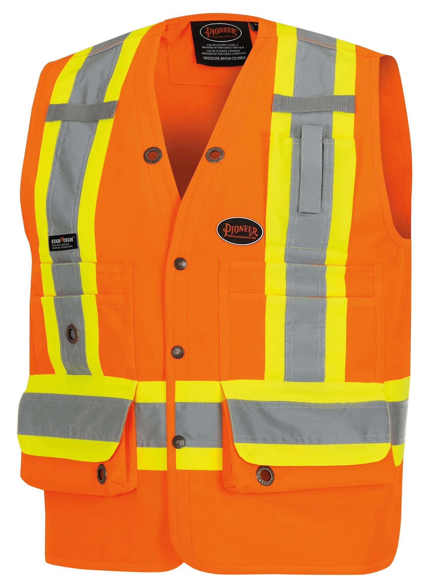 PIONEER® V1010150 Surveyor's Safety Vest, Hi-Viz Orange, 150D Woven Twill Polyester, Brass Snap Front Zipper Closure, 17 Pockets, ANSI Class: Class 2, ANSI/ISEA 107-15 Class 2 Type P and R, CSA Z96-15 Class 2 Level 2