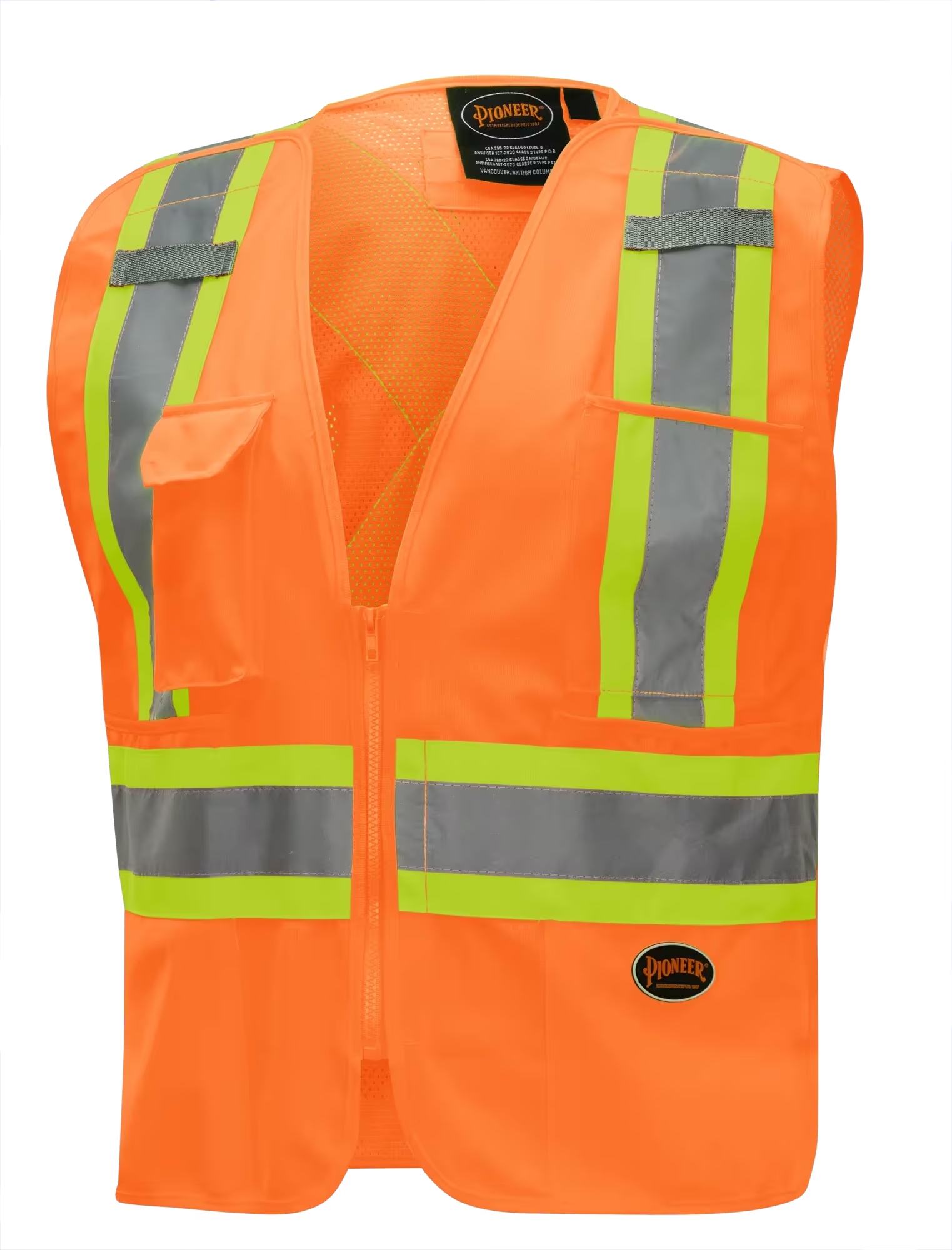 PIONEER® V1021150 Tear Away Safety Vest, Hi-Viz Orange, Tricot Polyester, Front Zip Closure, 4 Pockets, ANSI Class: Class 2, ANSI/ISEA 107-15 Class 2 Type P and R, CSA Z96-15 Class 2 Level 2