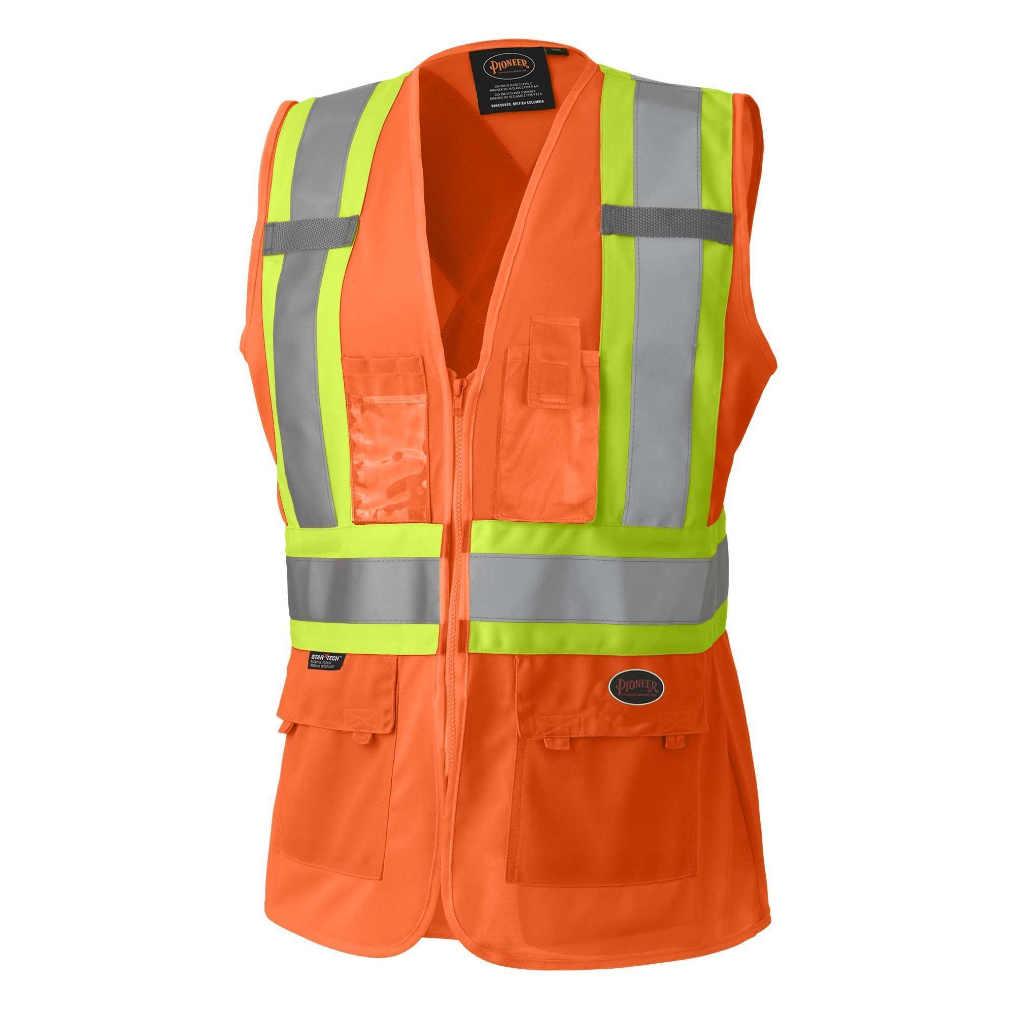 PIONEER® V1021850 Safety Vest, Hi-Viz Orange, Tricot Polyester, Full Front Zipper Closure, 4 Pockets, ANSI Class: Class 2, ANSI/ISEA 107-15 Class 2 Type P and R, CSA Z96-15 Class 2 Level 2