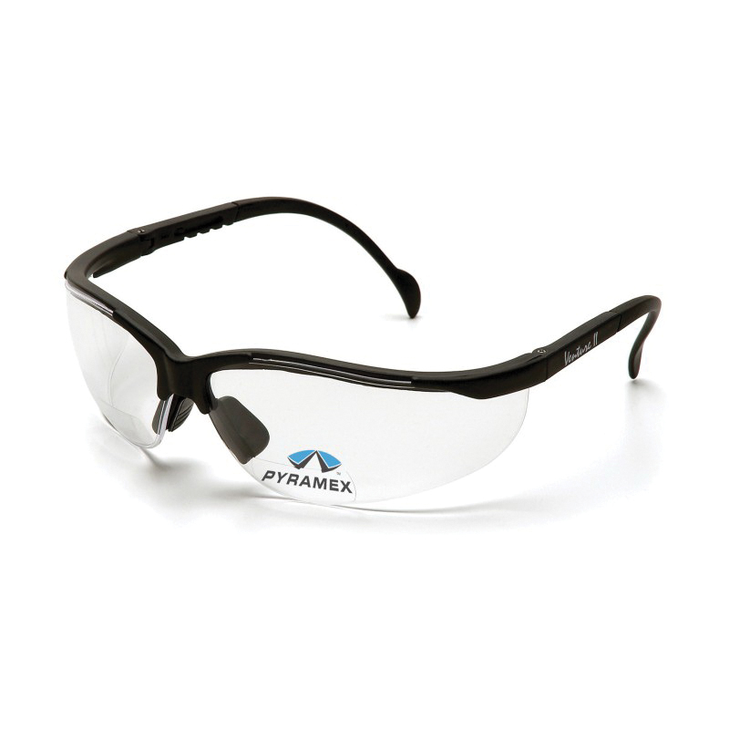 Pyramex® SB1810R20 Bi-Focal Lens Safety Reading Glasses, +2 Diopter, Clear Lens, Black, Nylon/Polycarbonate Frame, Polycarbonate Lens, Yes UV Protection, ANSI Z87.1+, CE EN166 c SEI CAN/CSA Z94.3-15, MIL-PRF 32432