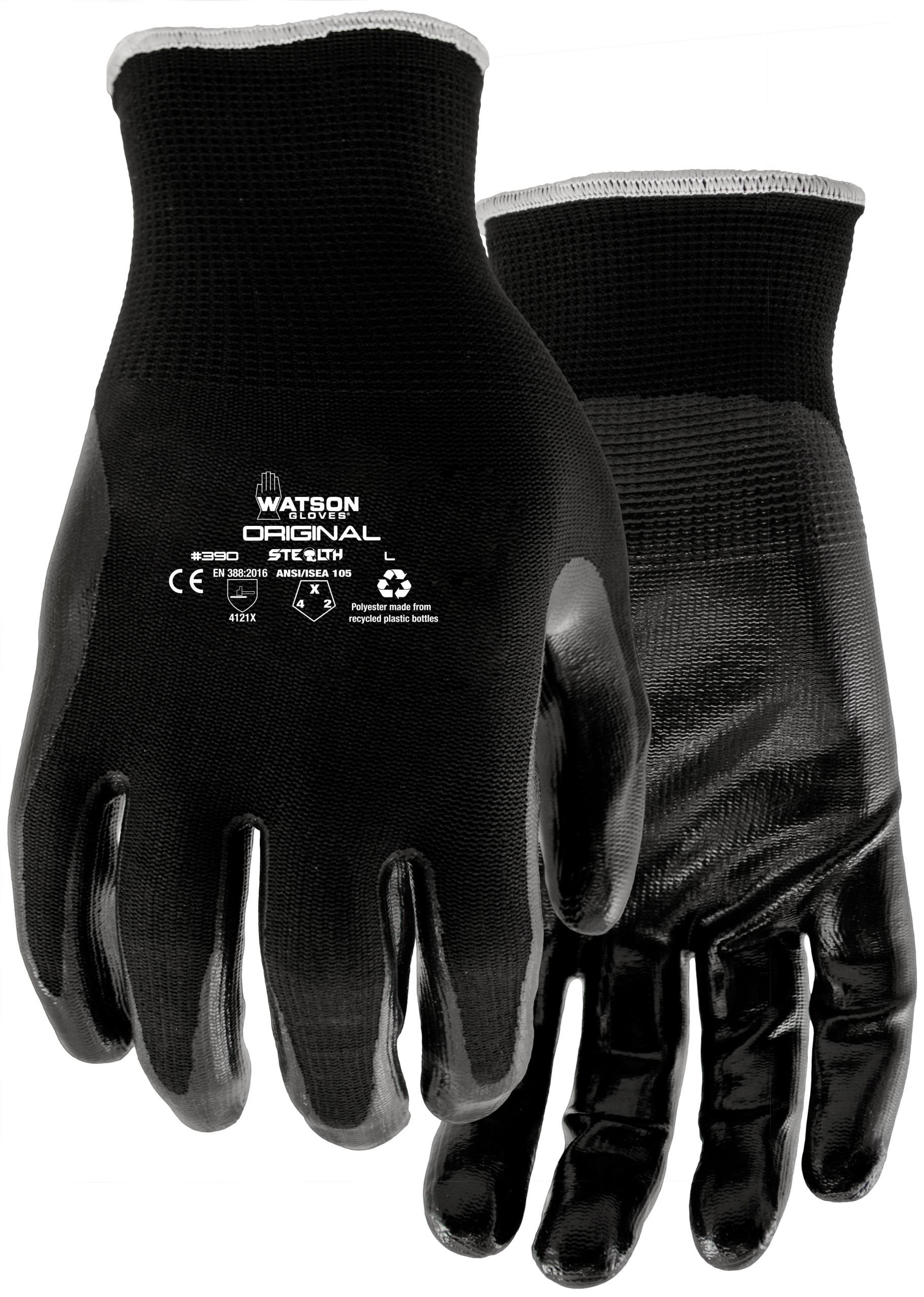 Stealth 390 Original General Purpose Gloves, Open Back/Seamless Style, Nitrile Palm, Nylon, Knit Wrist Cuff, Resists: Abrasion, Blade Cut, Puncture and Tear