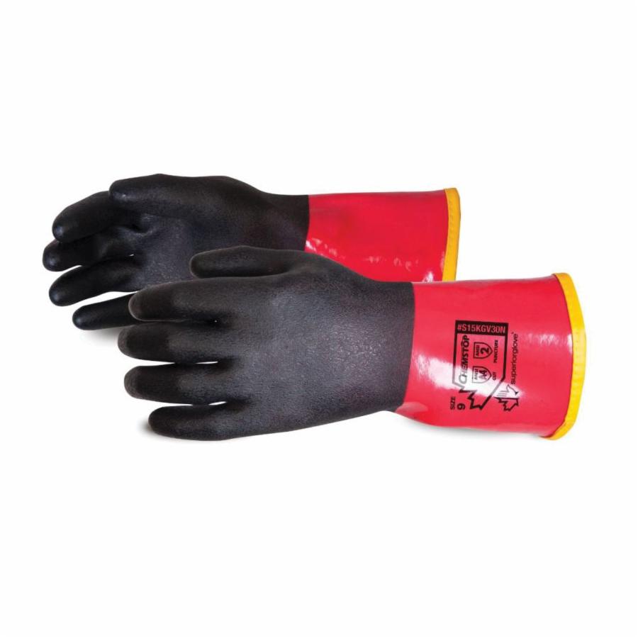 Superior Glove™ S15KGV30N-10 Chemstop™ Extreme Comfort Chemical-Resistant Gloves, 10, Pair Hand, Black/Red, Kevlar Lining, Resists: Chemical, Cut and Puncture, Gauntlet Cuff, 15 mil THK