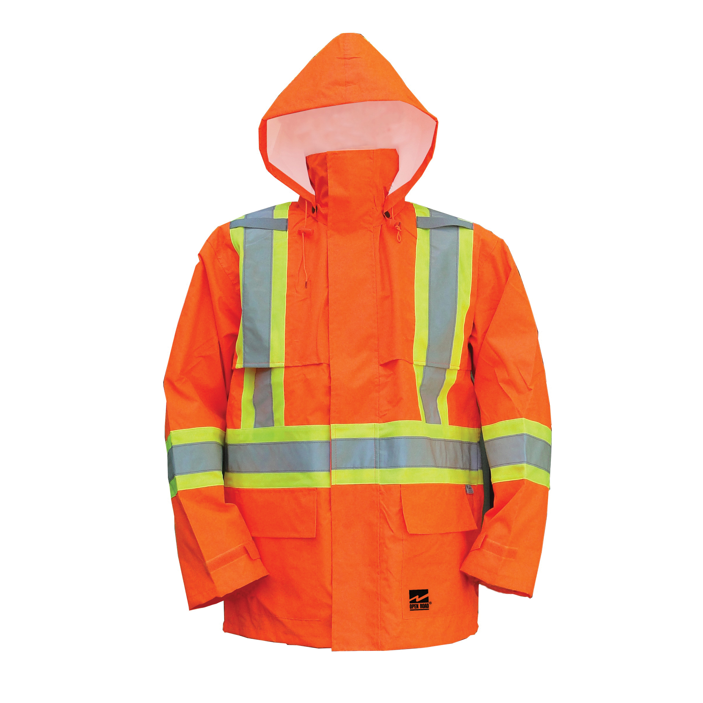 Viking® Open Road® 6323JO Open Road® 6323JO Rain Jacket, Men's, Orange, 150D Trilobal Ripstop Polyester/Polyurethane, Resists: Water and Wind, ANSI/ISEA 107-2015 Type R Class 3, CSA Z96-15 Class 2 Level 2, Detachable Snap-Off Hood