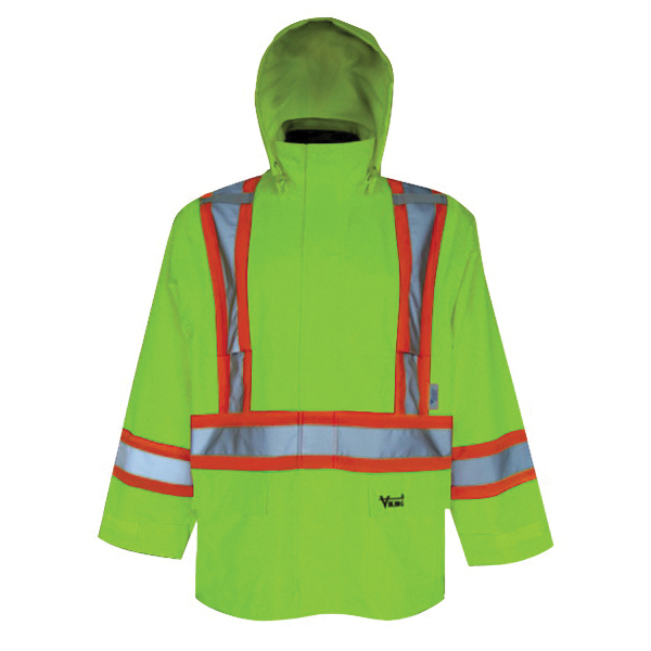 Viking® Handyman® 6327JG Rain Jacket, Green/Yellow, 300D Polyester/PVC, Resists: Water and Wind, ANSI/ISEA 107-2015 Type R Class 3, CSA Z96-15 Class 2/3 Level 2, Detachable Hood