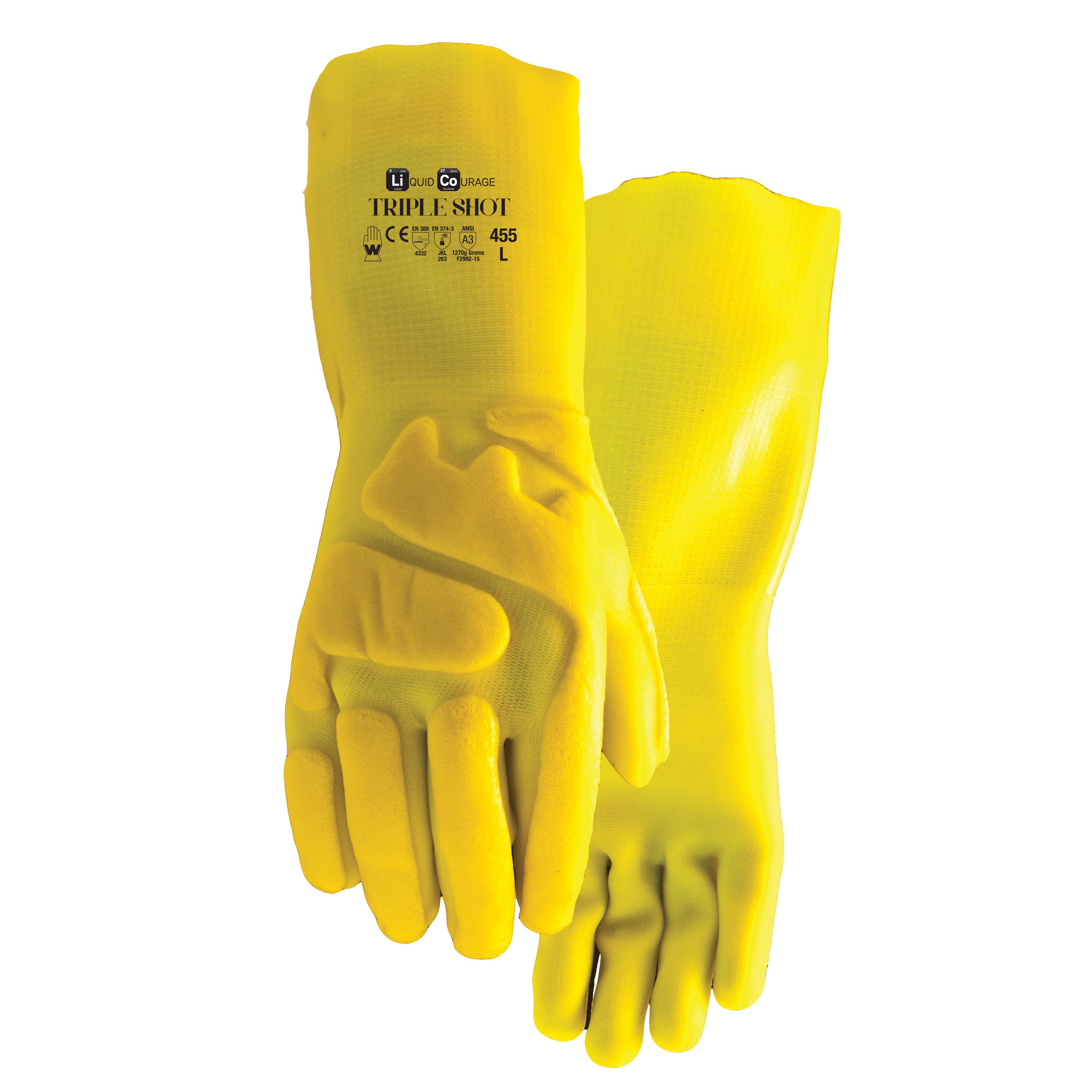 Watson 455 Shot Triple Protection Chemical-Resistant Gloves, PVC, Hi-Viz Yellow, Nylon/Glass Lining, Resists: Abrasion, Chemical, Cut, Impact, Oil, Puncture and Tear, Gauntlet Cuff