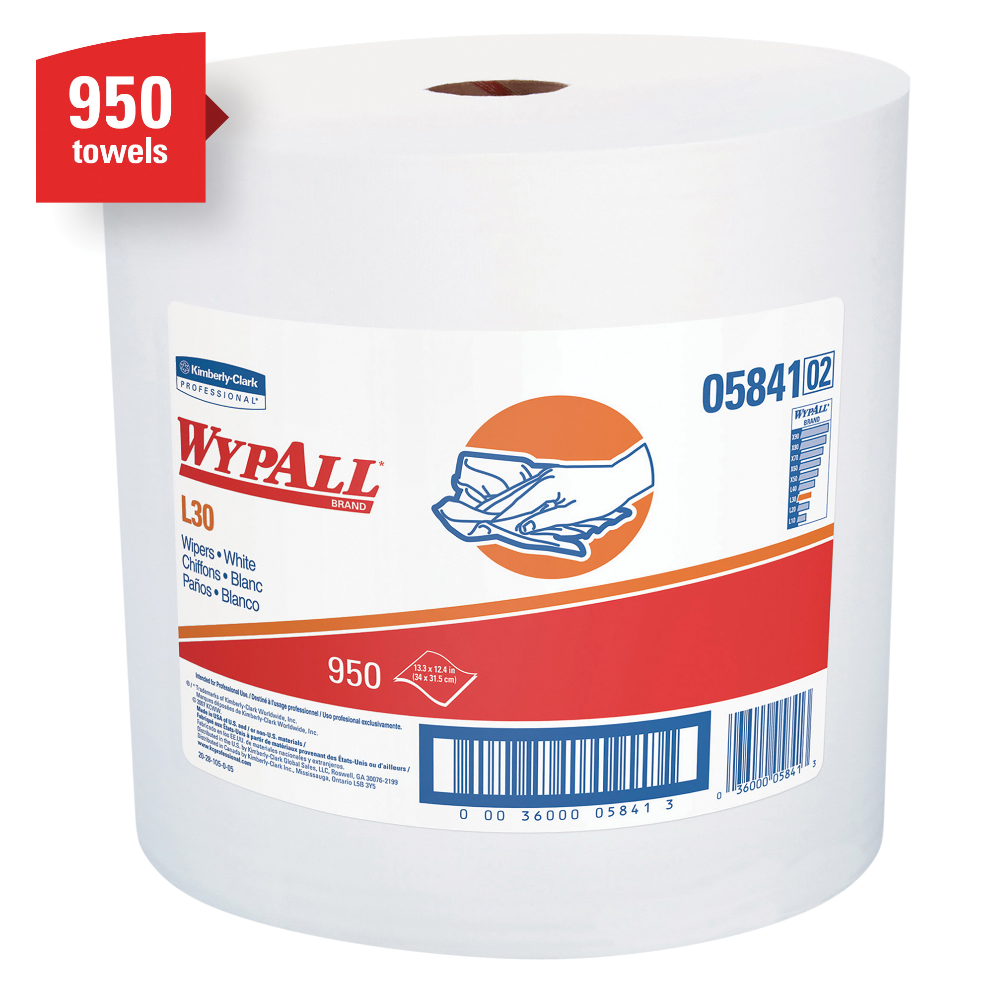 WypAll* 05841 L30 Exceptional Performance General Purpose Wiper, 13.3 x 12.4 in, 950 Sheets Capacity, Double Re-Creped, White