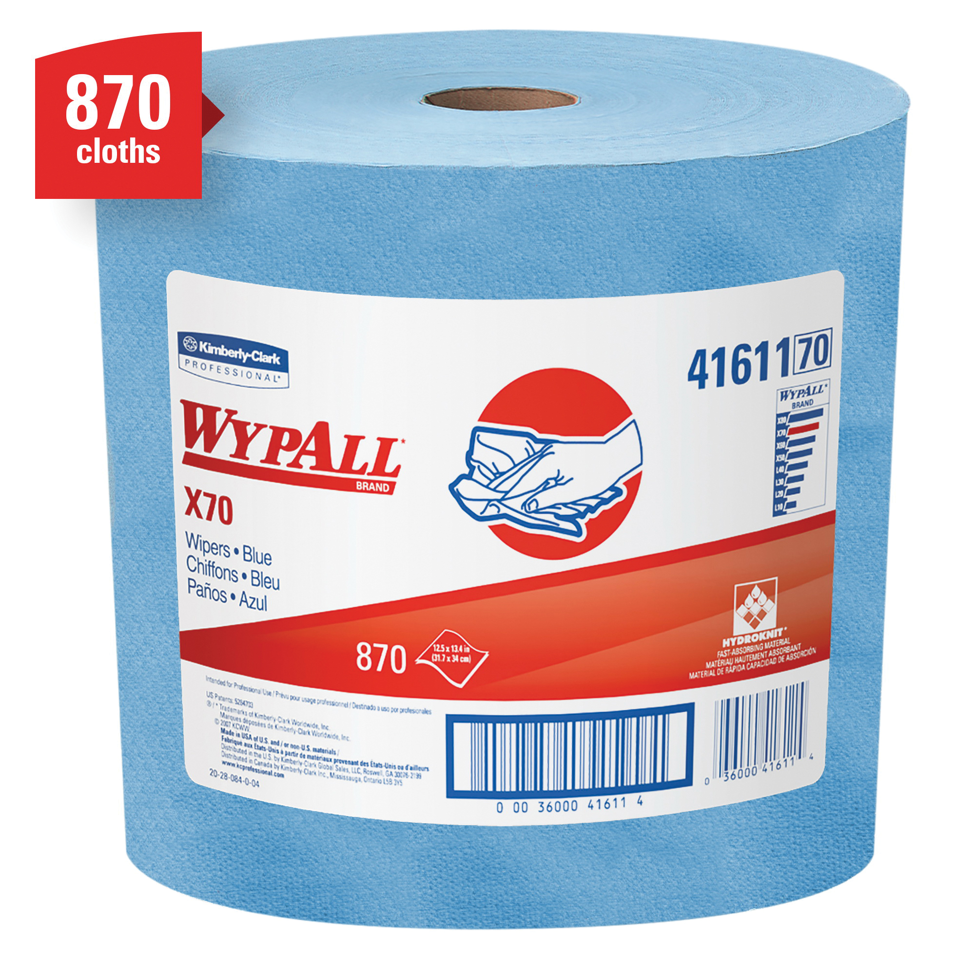 WypAll* 41611 X70 Long Lasting Reusable Cleaning Wiper, 12.5 x 13.4 in, 870 Sheets Capacity, Hydroknit*, Blue