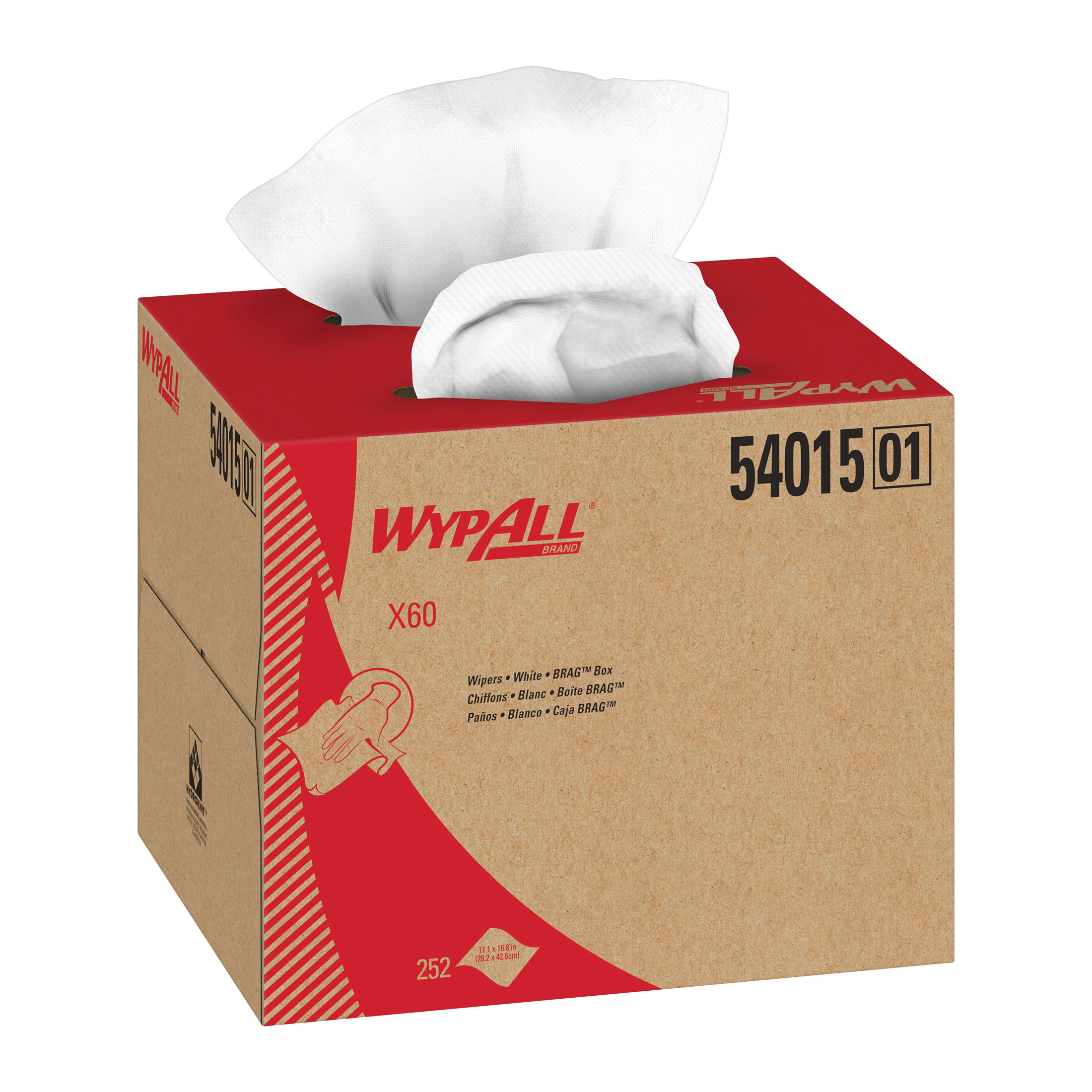 WypAll* 54015 X60 Reusable Dry Wipes, 11.1 in W, 252 Sheets Capacity, HydroKnit, White