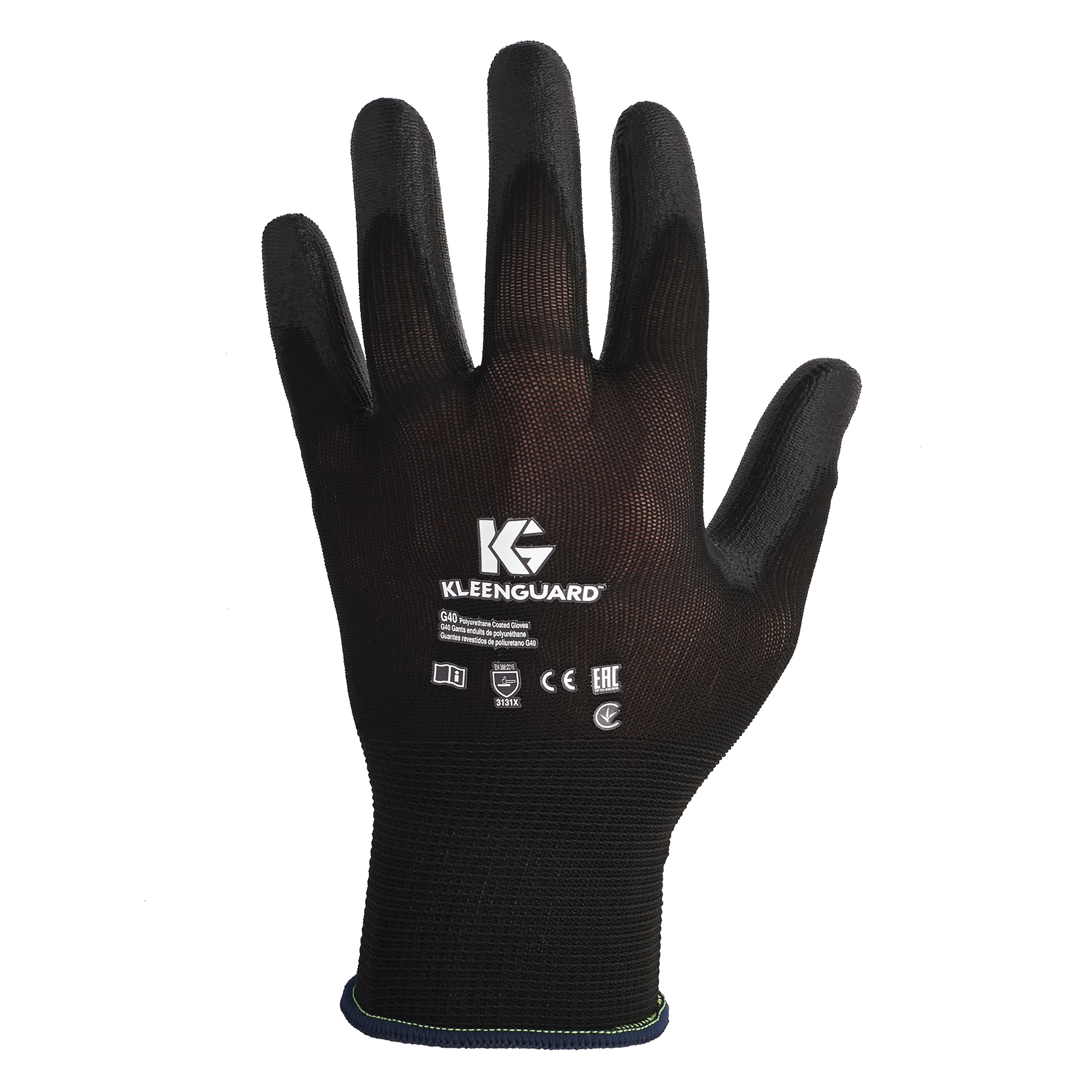KleenGuard™ 13838 G40 Thin Mil General Purpose Gloves, Coated, M/SZ 8, Polyurethane Palm, Nylon, Black, Knit Wrist Cuff, Polyurethane Coating, Resists: Abrasion, Cut, Puncture and Tear, Unlined Lining, Seamless