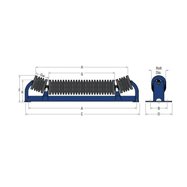 Martin D5-20UI-24 Medium/Heavy Duty Unequal Impact Troughing Idler, D CEMA Rating, 5 in Dia Roll, 20 deg Trough Angle, 24 in W Belt, Steel