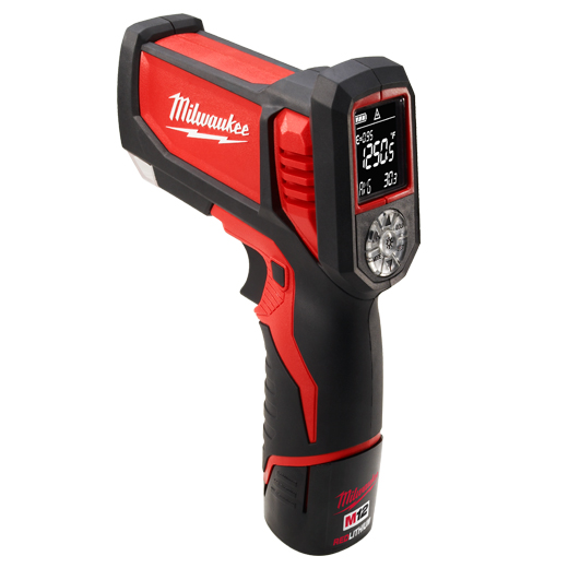 Milwaukee® 2276-21 Handheld Thermometer Kit, -30 to 800 deg C, 1.5% Accuracy, 40:1 Focus Spot, Adjustable, Built-In Table 0.10 to 1 by 0.01, Li-Ion Battery
