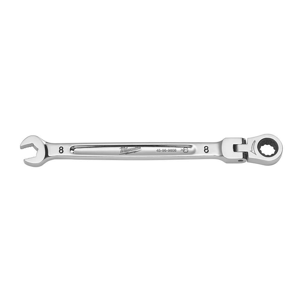 Milwaukee® 45-96-9608 Flex Head Ratcheting Non-Lockable Combination Wrench, 8 mm Wrench, 12 Points, 0 deg Offset, 146.05 mm OAL, Chrome Vanadium Steel