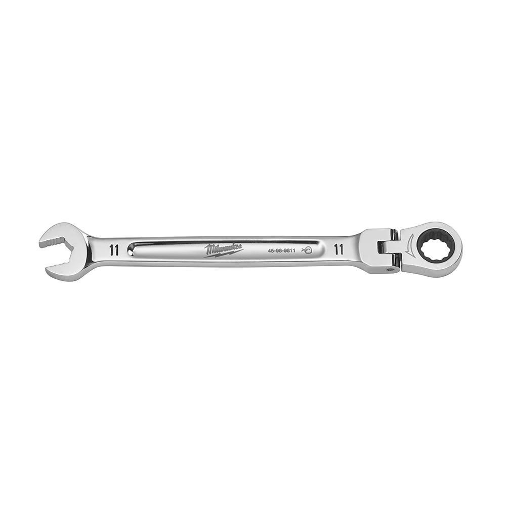 Milwaukee® 45-96-9611 Flex Head Ratcheting Non-Lockable Combination Wrench, 11 mm Wrench, 12 Points, 0 deg Offset, 171.45 mm OAL, Chrome Vanadium Steel