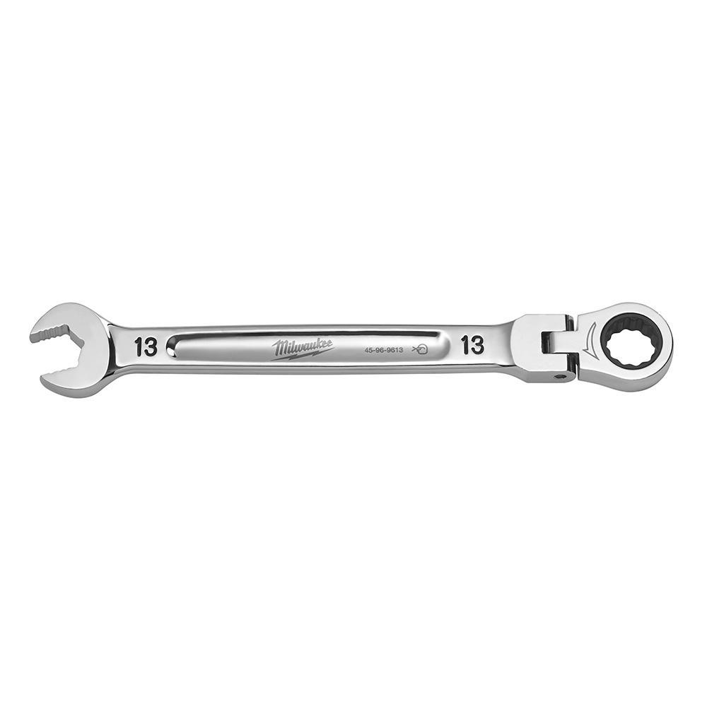 Milwaukee® 45-96-9613 Flex Head Ratcheting Non-Lockable Combination Wrench, 13 mm Wrench, 12 Points, 0 deg Offset, 186.44 mm OAL, Chrome Vanadium Steel