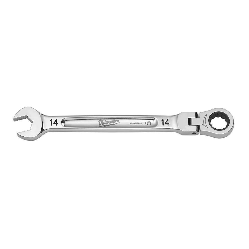 Milwaukee® 45-96-9614 Flex Head Ratcheting Non-Lockable Combination Wrench, 14 mm Wrench, 12 Points, 0 deg Offset, 198.12 mm OAL, Chrome Vanadium Steel