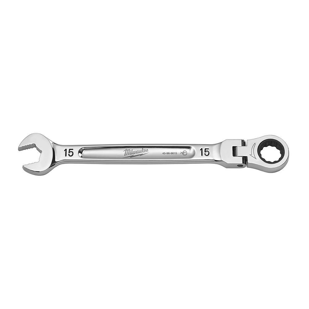 Milwaukee® 45-96-9615 Flex Head Ratcheting Non-Lockable Combination Wrench, 15 mm Wrench, 12 Points, 0 deg Offset, 207.52 mm OAL, Chrome Vanadium Steel