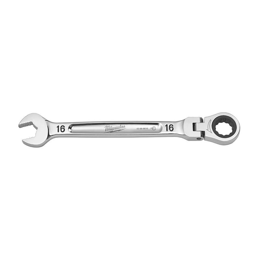 Milwaukee® 45-96-9616 Flex Head Ratcheting Non-Lockable Combination Wrench, 16 mm Wrench, 12 Points, 0 deg Offset, 217.93 mm OAL, Chrome Vanadium Steel
