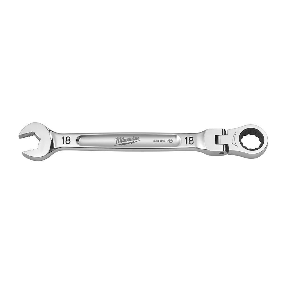 Milwaukee® 45-96-9618 Flex Head Ratcheting Non-Lockable Combination Wrench, 18 mm Wrench, 12 Points, 0 deg Offset, 242.57 mm OAL, Chrome Vanadium Steel