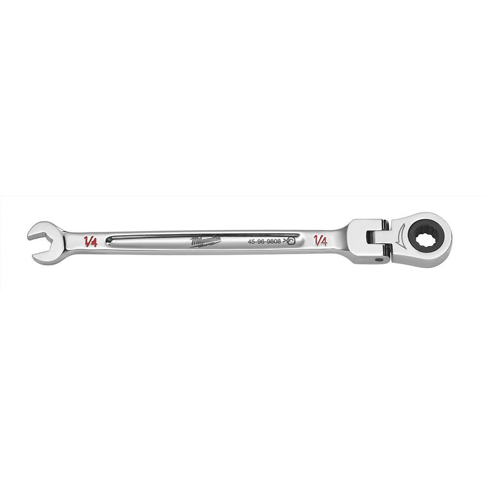 Milwaukee® 45-96-9808 Flex Head Ratcheting Non-Lockable Combination Wrench, 1/4 in Wrench, 12 Points, 0 deg Offset, 5.28 in OAL, Chrome Vanadium Steel