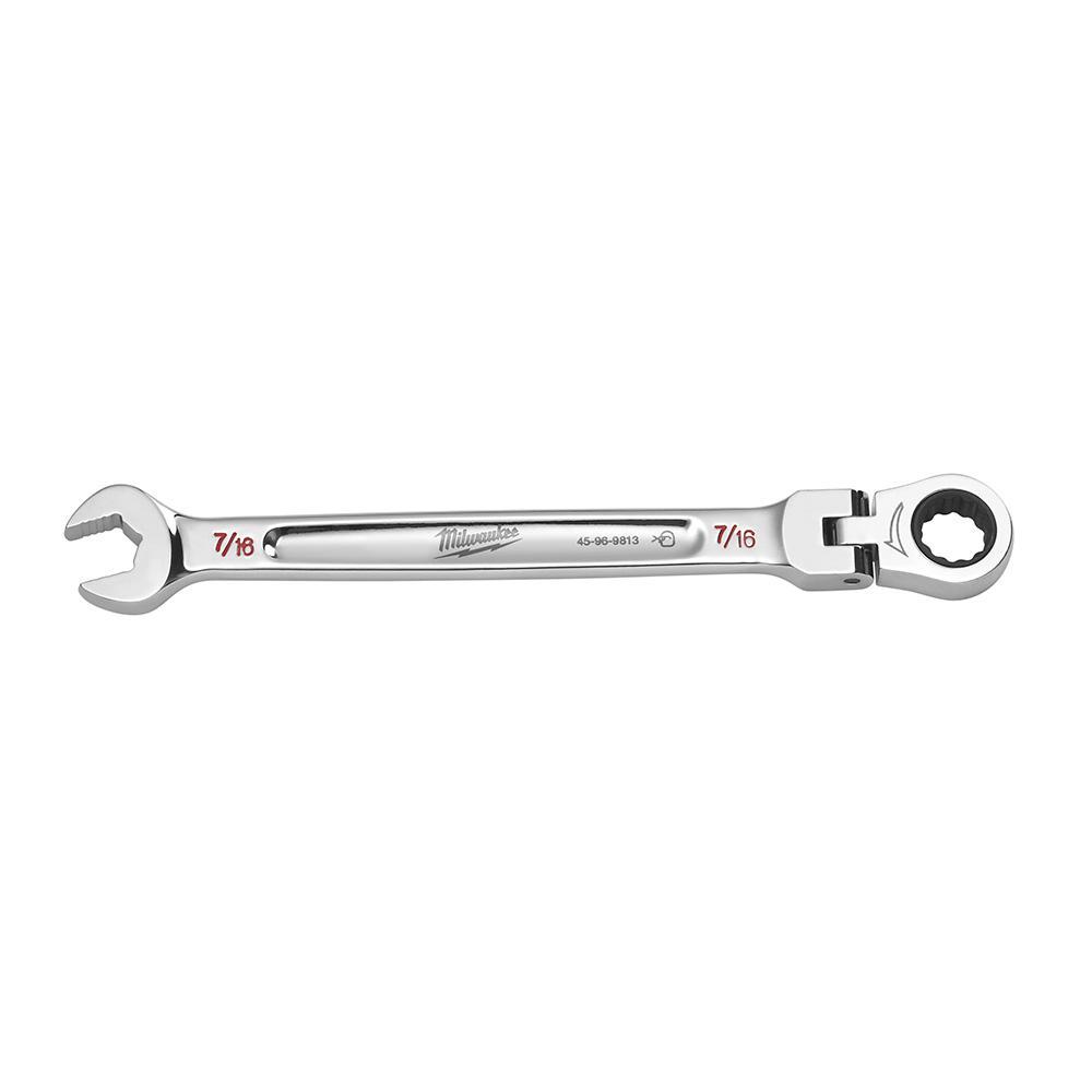 Milwaukee® 45-96-9813 Flex Head Ratcheting Non-Lockable Combination Wrench, 7/16 in Wrench, 12 Points, 0 deg Offset, 6-3/4 in OAL, Chrome Vanadium Steel