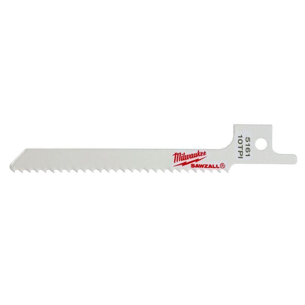 Milwaukee® SAWZALL® 48-00-5161 Straight Back Reciprocating Saw Blade, 3-5/8 in L x 5/16 in W, 10 TPI, Bi-Metal Body, Universal/Toothed Edge Tang
