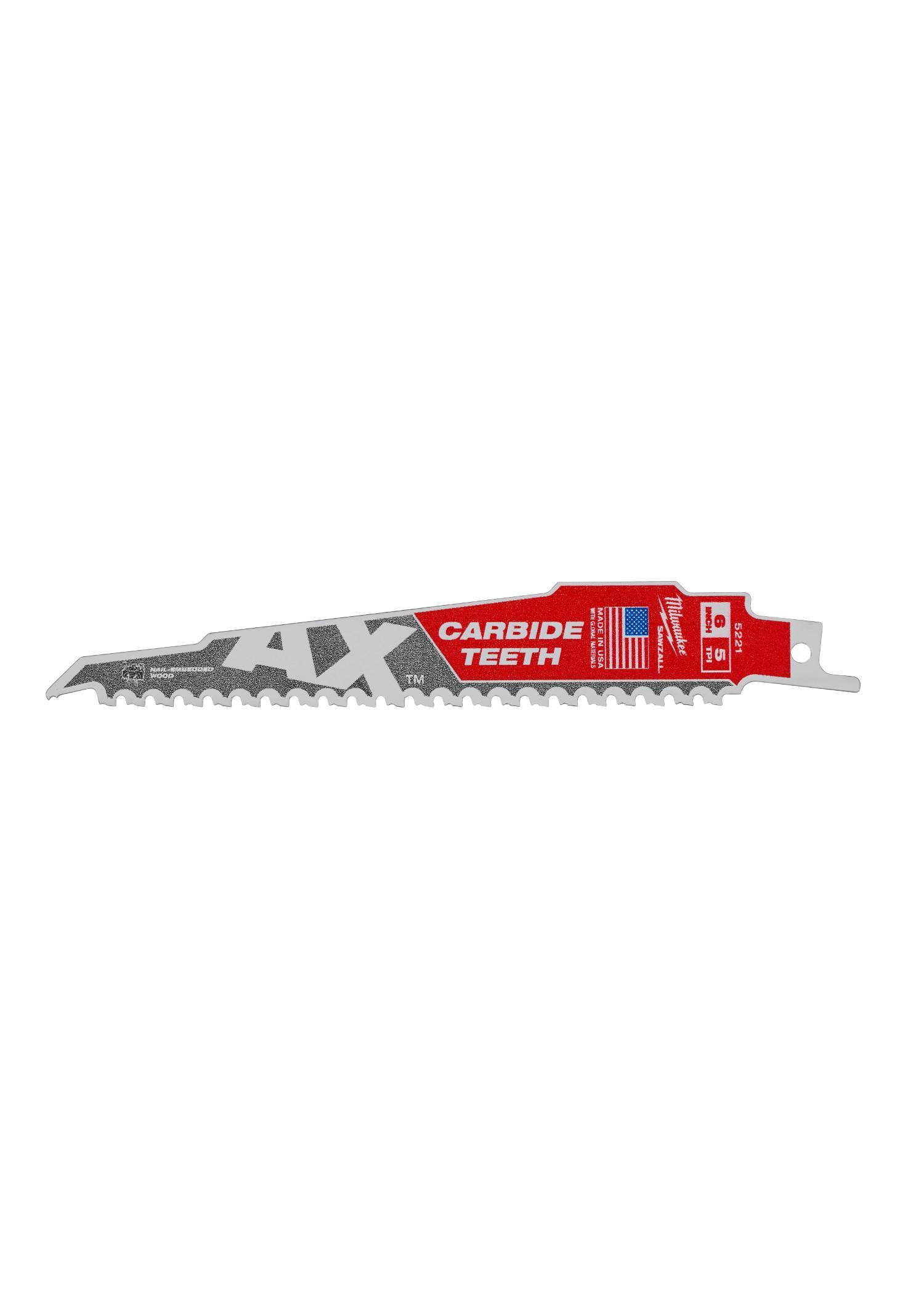 Milwaukee® SAWZALL® AX™ 48-00-5221 Tapered Back Reciprocating Saw Blade, 6 in L, 5 TPI, Carbide Body, Universal/Toothed Edge Tang