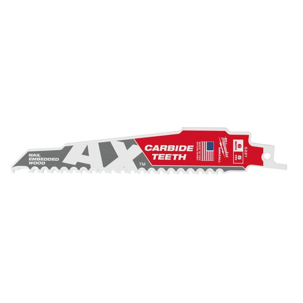 Milwaukee® SAWZALL® AX™ 48-00-5521 Reciprocating Saw Blade, 6 in L x 1 in W, 5 TPI, Carbide Body