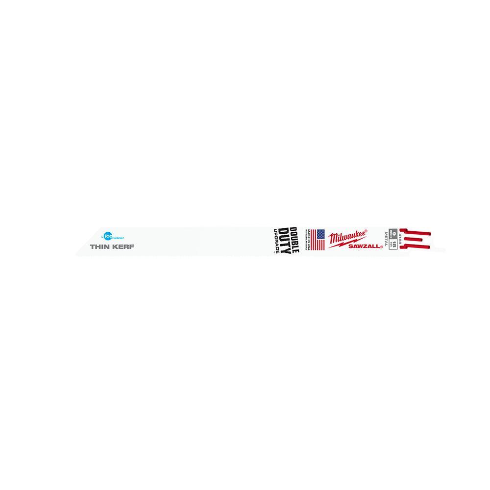 Milwaukee® SAWZALL® 48-01-6188 Double Duty Straight Back Thin Kerf Reciprocating Saw Blade, 9 in L x 3/4 in W, 18 TPI, Bi-Metal Body, Universal/Toothed Edge Tang