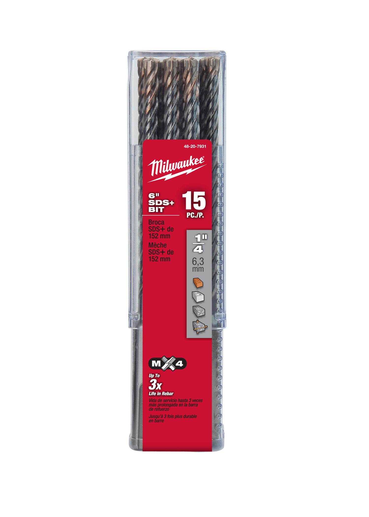 Milwaukee® MX4™ 48-20-7931 4-Cutter Rotary Hammer Drill Bit, 1/4 in Drill Bit, 25/64 in, 4 in D Cutting, Carbide Cutting Edge, 6 in OAL