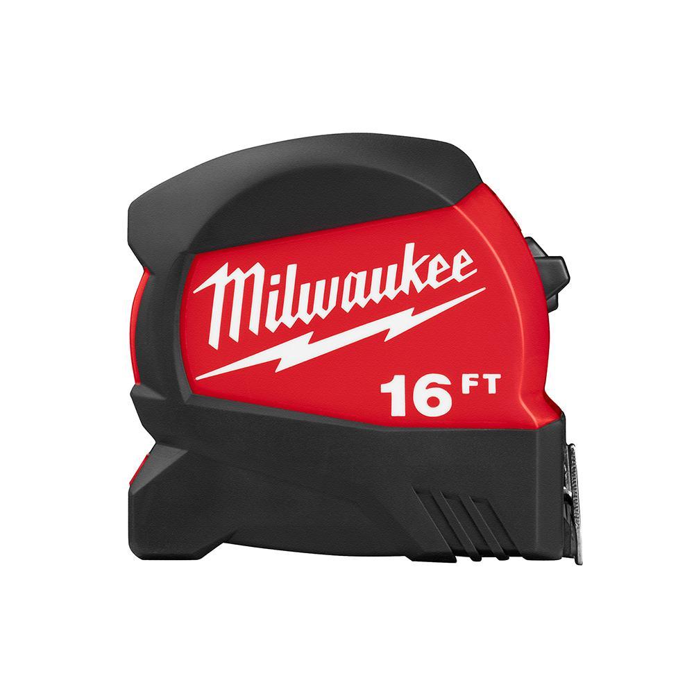 Milwaukee® 48-22-0416 Compact Wide Measuring Tape With Belt Clip, 16 ft L x 1-1/8 in W Blade, Steel Blade, 1/16 in, 1/8 in, 1/4 in, 1/2 in, 1 ft Graduation