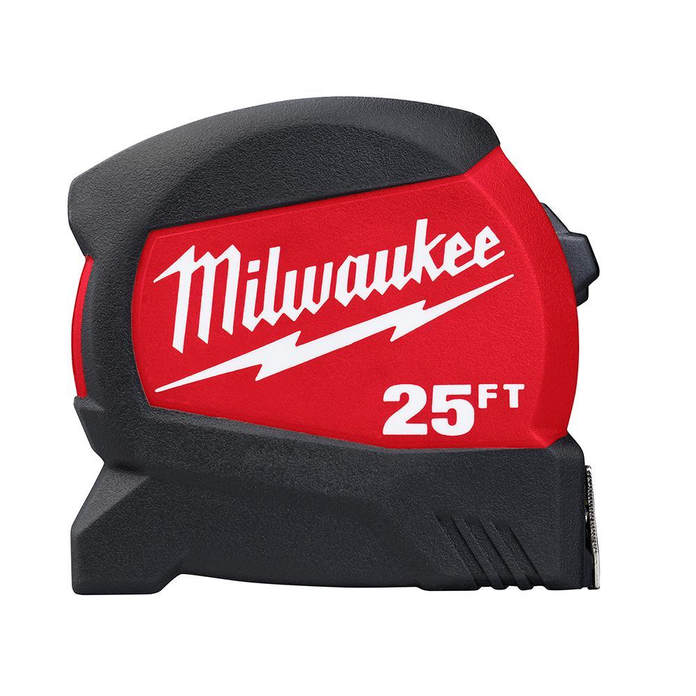 Milwaukee® 48-22-0425 Compact Wide Measuring Tape With Belt Clip, 25 ft L x 1-1/8 in W Blade, Steel Blade, 1/16 in, 1/8 in, 1/4 in, 1/2 in, 1 ft Graduation