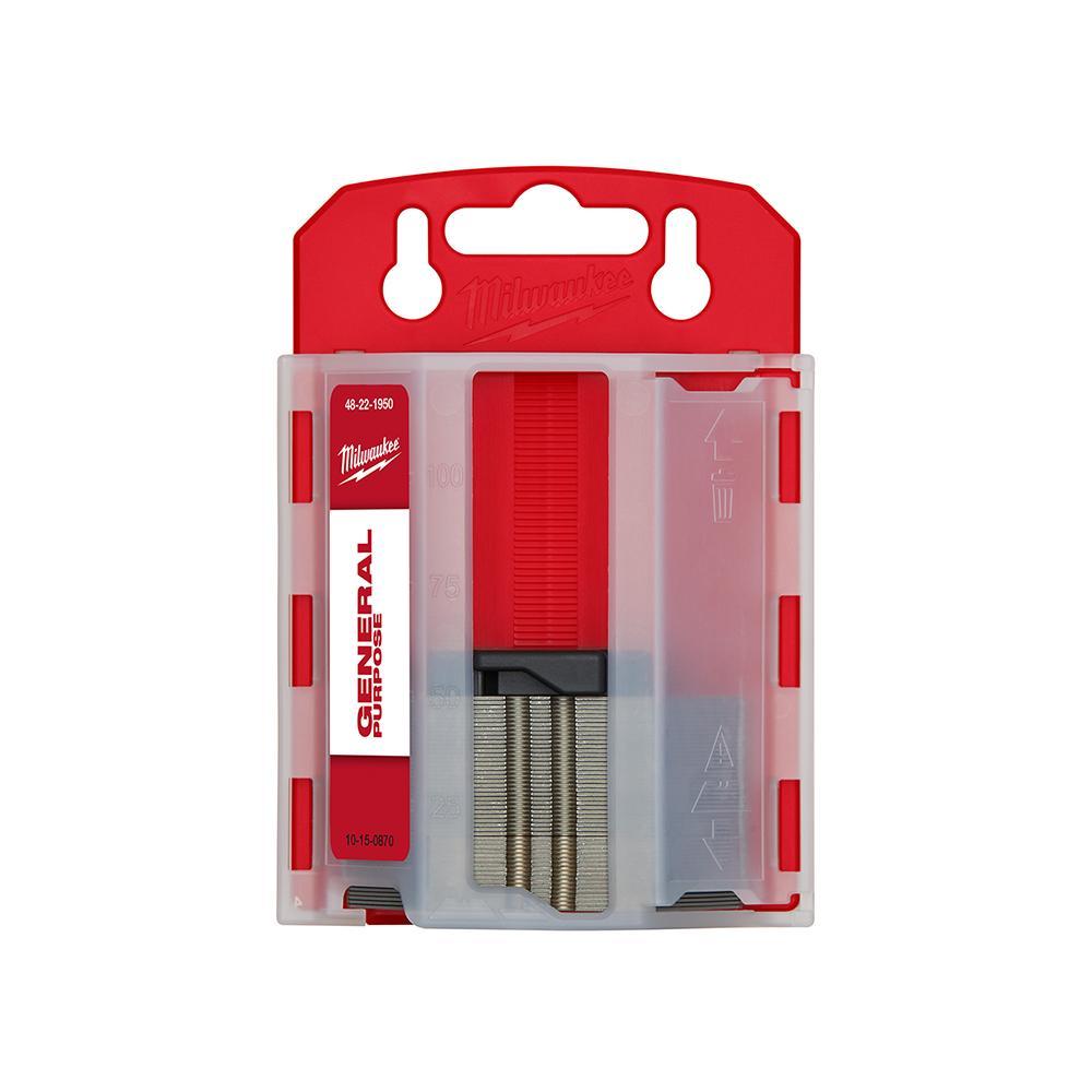 Milwaukee® 48-22-1950 50-Piece General Purpose Utility Blade With Dispenser, Micro Carbide Metal, Sharp Point/Straight Edge, 2-3/8 in L x 3/4 in W Blade, Compatible With: Milwaukee® Most Standard Utility Knives, 0.025 in THK