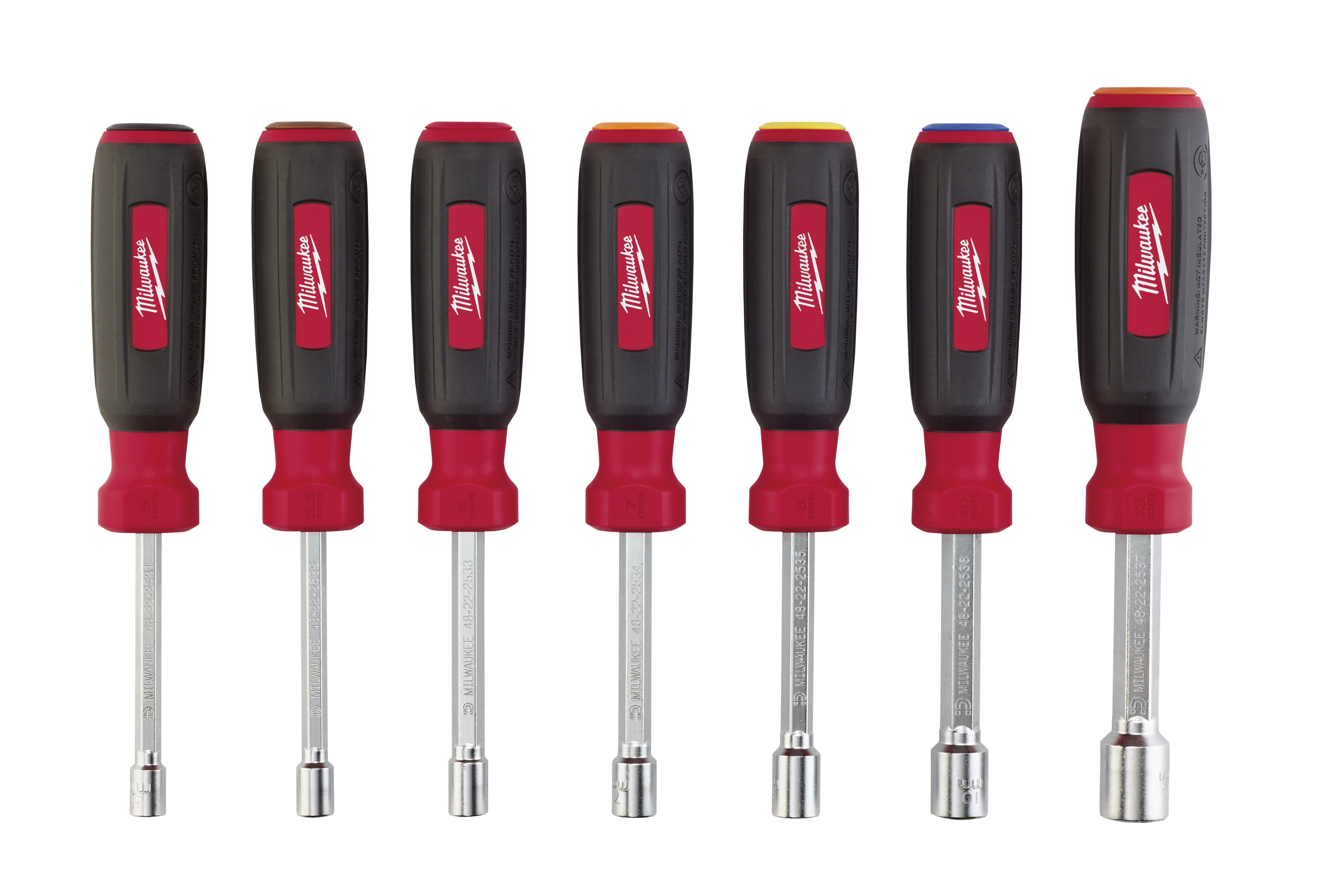 Milwaukee® HollowCore™ 48-22-2517 Magnetic Nut Driver Set, 5 to 13 mm, 7 Pieces, 7-1/4 in OAL, Cushion Grip Handle, Steel, Polished Chrome