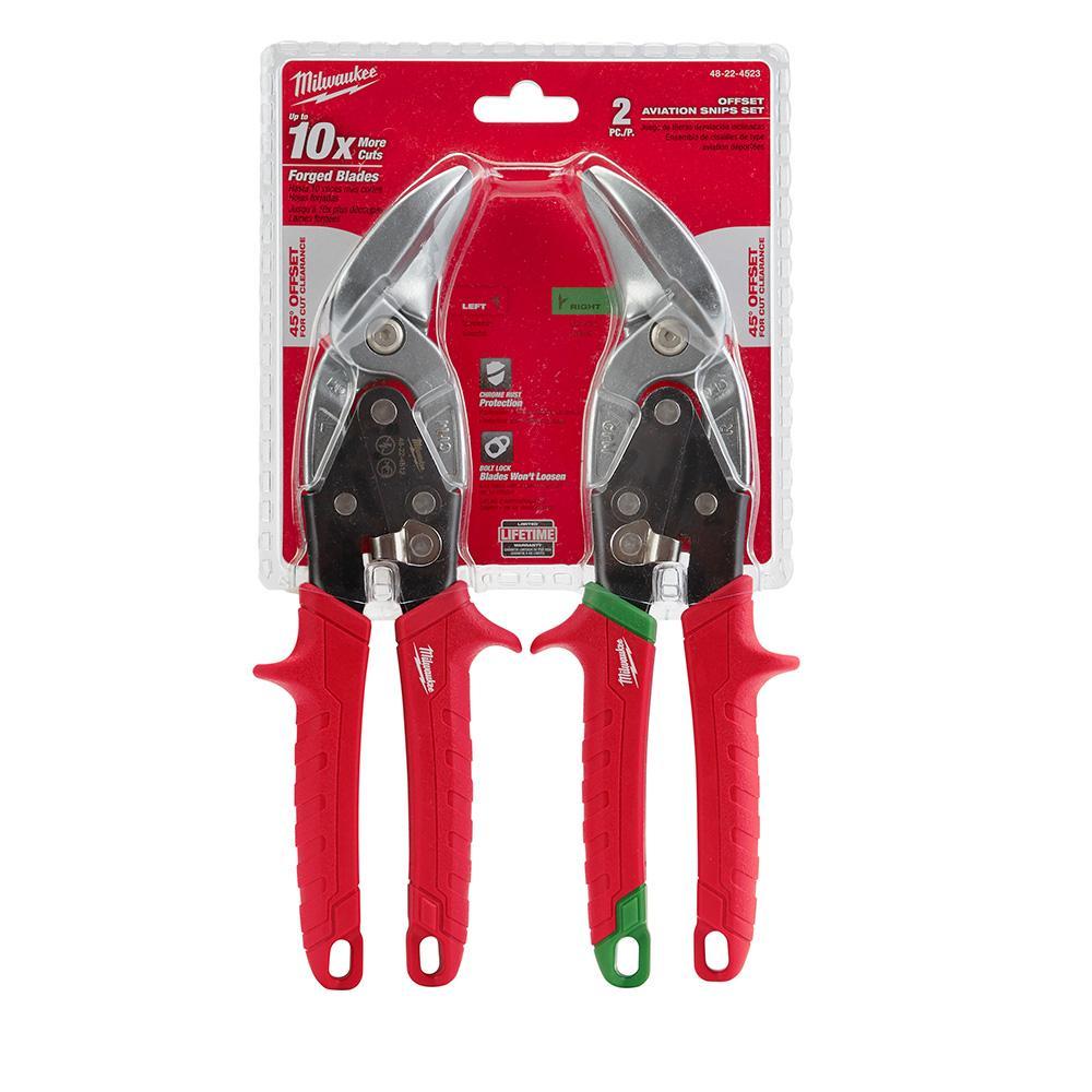 Milwaukee® 48-22-4523 2-Piece Aviation Snip Set, 18 ga Cold Rolled Steel/22 ga Stainless Steel Cutting, 5 in L of Cut, Offset Snip, Steel Blade