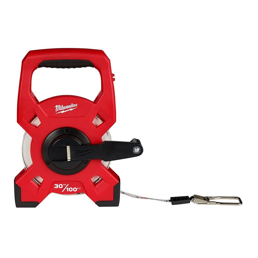 Milwaukee® 48-22-5330 Lockable Fiberglass Open Reel Long Tape, 100 ft L x 1/2 in W Blade, Fiberglass Blade, Double Sided Graduation