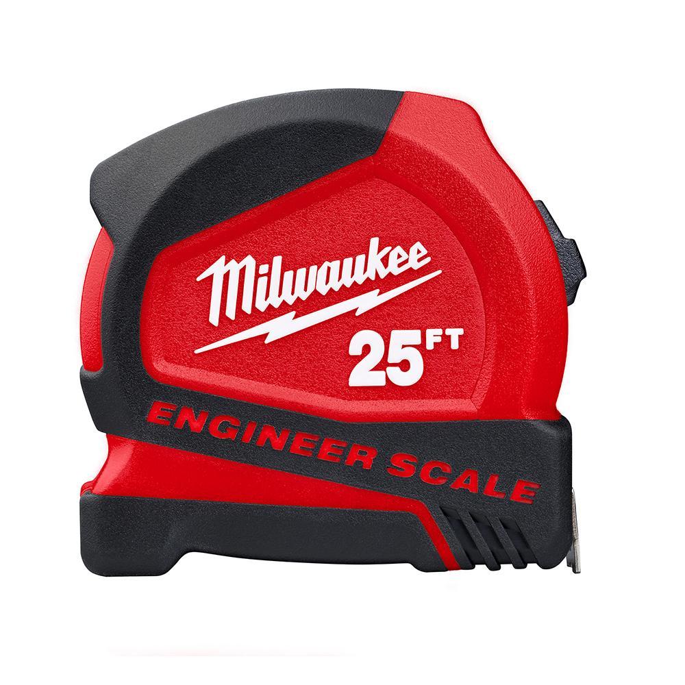 Milwaukee® 48-22-6625E Compact Measuring Tape With Engineer Scale and Belt Clip, 25 ft L x 25 mm W Blade, Steel Blade, 1/16 in Graduation