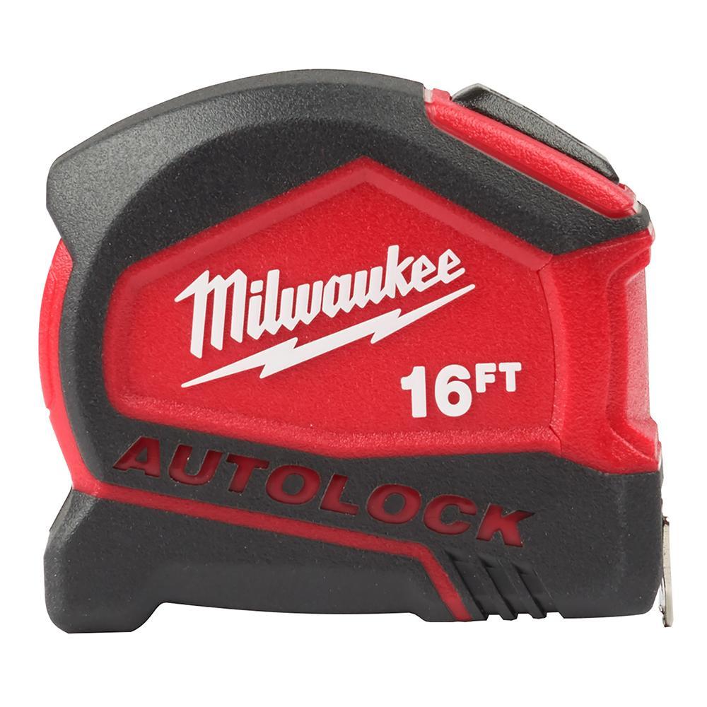 Milwaukee® Autolock 48-22-6816 Compact Autolock Measuring Tape With Belt Clip, 16 ft L x 27 mm W Blade, Steel Blade, 1/16 in Graduation